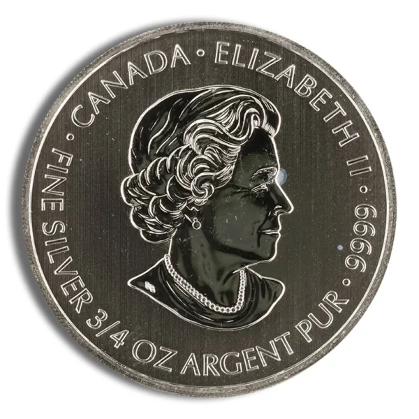 Silver coin featuring a profile of Queen Elizabeth II, inscribed with "Canada," "Fine Silver," and "3/4 oz Argent Pur," highlighting its purity of 0.9999 silver content.
