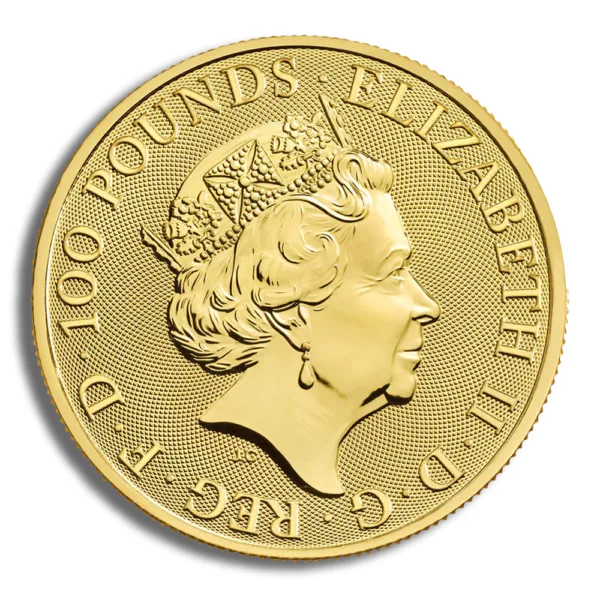 Gold coin featuring the profile of Queen Elizabeth II, inscribed with "100 Pounds" and "Reg. F.D."