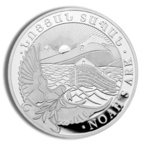 Silver coin featuring a detailed engraving of an eagle in flight over waves, with mountains and a sunset in the background, showcasing the design and craftsmanship of precious metal currency.