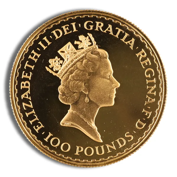 Gold coin featuring the profile of Queen Elizabeth II, inscribed with "Elizabeth II Dei Gratia Regina F.D." and "100 Pounds."