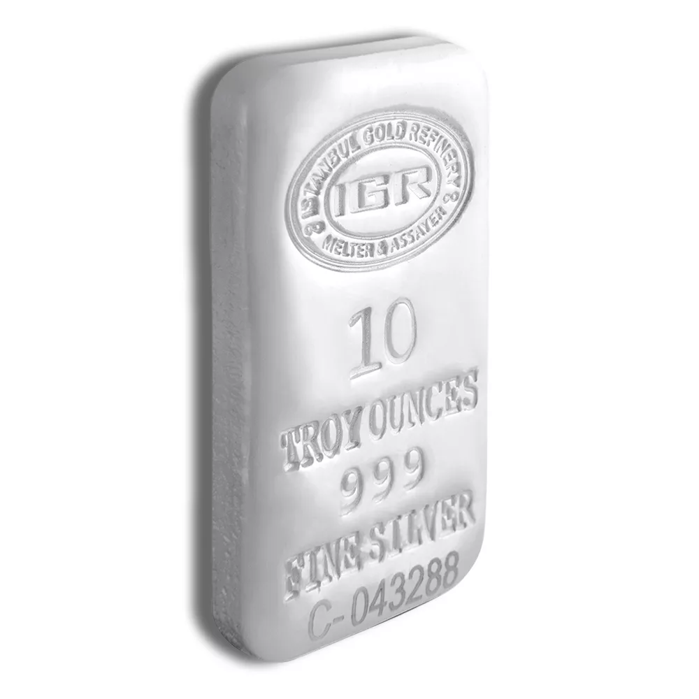 10-ounce silver bar from Istanbul Gold Refinery, featuring 999 purity and marked with identification details. Ideal for investment and collectors.