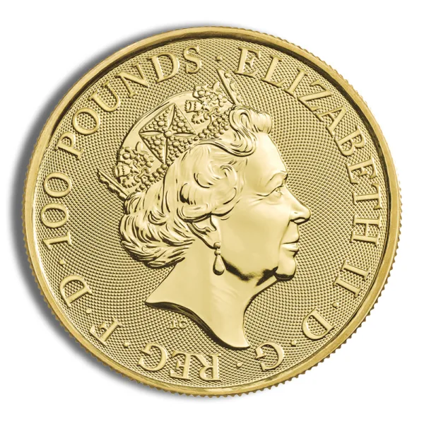 Gold coin featuring a profile of Queen Elizabeth II, valued at 100 pounds, showcasing intricate detailing and royal insignia.