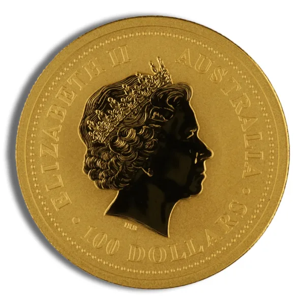 Gold coin featuring the profile of Queen Elizabeth II, showcasing intricate detailing and classic design elements, commonly used in numismatics and as a collectible item.