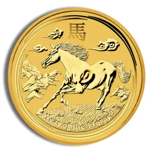 Gold coin featuring a galloping horse design with Chinese characters, symbolizing prosperity and good fortune. Ideal for collectors and enthusiasts of Chinese zodiac artifacts.