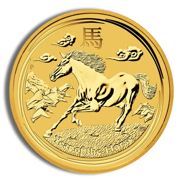 Gold coin featuring a galloping horse design with Chinese characters, symbolizing prosperity and good fortune. Ideal for collectors and enthusiasts of Chinese zodiac artifacts.
