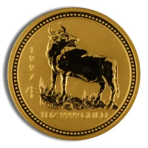 Gold coin featuring a bull design, minted in 1997, symbolizing the Year of the Ox in the Chinese zodiac.