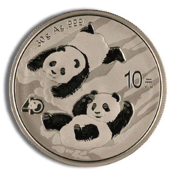 Silver coin featuring two playful pandas with the denomination of 10 on one side, designed for collectors and enthusiasts of panda-themed memorabilia.