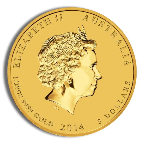 Gold coin featuring the profile of Queen Elizabeth II, issued in Australia, with a denomination of 5 dollars and a year of minting marked as 2014.