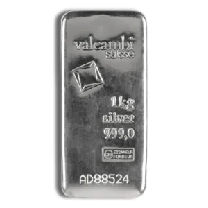 1 kilogram silver bar from Valcambi, featuring a purity of 999.0, with serial number AD88524.