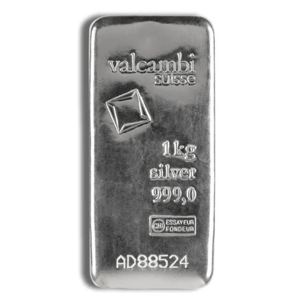 1 kilogram silver bar from Valcambi, featuring a purity of 999.0, with serial number AD88524.
