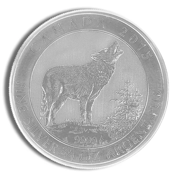 Silver coin featuring a howling wolf design, surrounded by a decorative border, symbolizing wildlife and nature conservation.