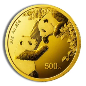 Gold panda coin featuring two pandas playing among leaves, weighing 30 grams and made of 99.9% pure gold, with a denomination of 500 yuan.