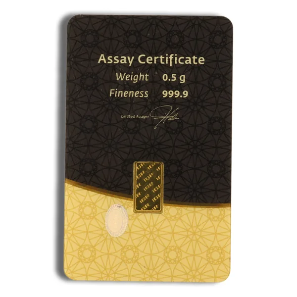 Assay certificate displaying weight of 0.5 grams and fineness of 999.9, indicating high purity of precious metal.