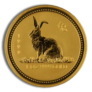 Gold coin featuring a detailed image of a rabbit, symbolizing prosperity and luck, with inscriptions indicating the year 1994.