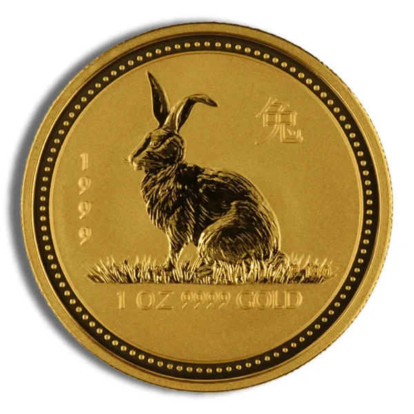 Gold coin featuring a detailed image of a rabbit, symbolizing prosperity and luck, with inscriptions indicating the year 1994.