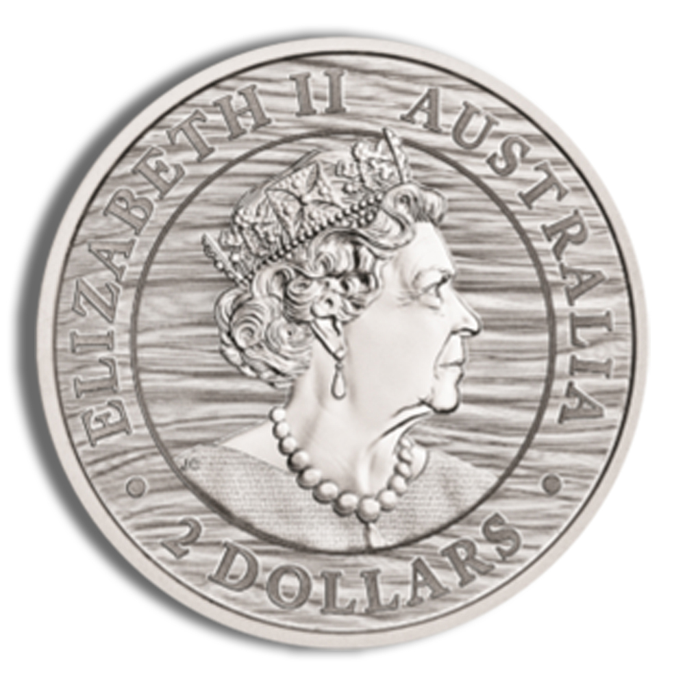 Close-up view of a two-dollar Australian coin featuring a profile of Queen Elizabeth II, with inscriptions "Elizabeth II" and "Australia." The coin showcases intricate details of the queen's crown and jewelry against a textured background.