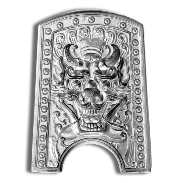 Silver decorative wall plaque featuring an intricately detailed dragon face design, showcasing traditional Asian artistry and craftsmanship. Ideal for home decor or cultural displays.