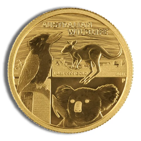 Gold coin featuring Australian wildlife illustrations, including a bird, kangaroo, and koala, highlighting the theme of conservation and biodiversity.
