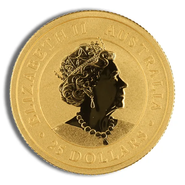 Gold coin featuring the profile of Queen Elizabeth II, inscribed with her name and denomination of 20 dollars.