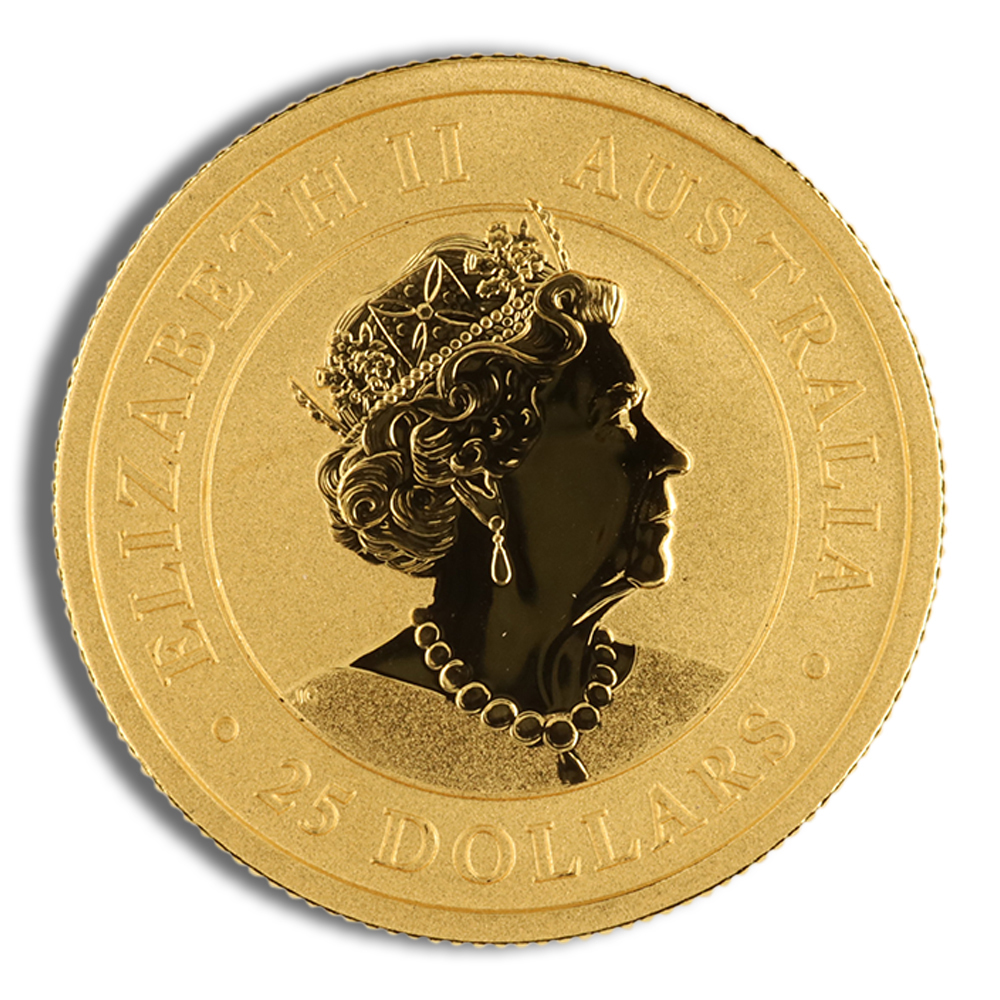 Gold coin featuring the profile of Queen Elizabeth II, inscribed with "Australia" and "25 Dollars," showcasing intricate details of her crown and jewelry.