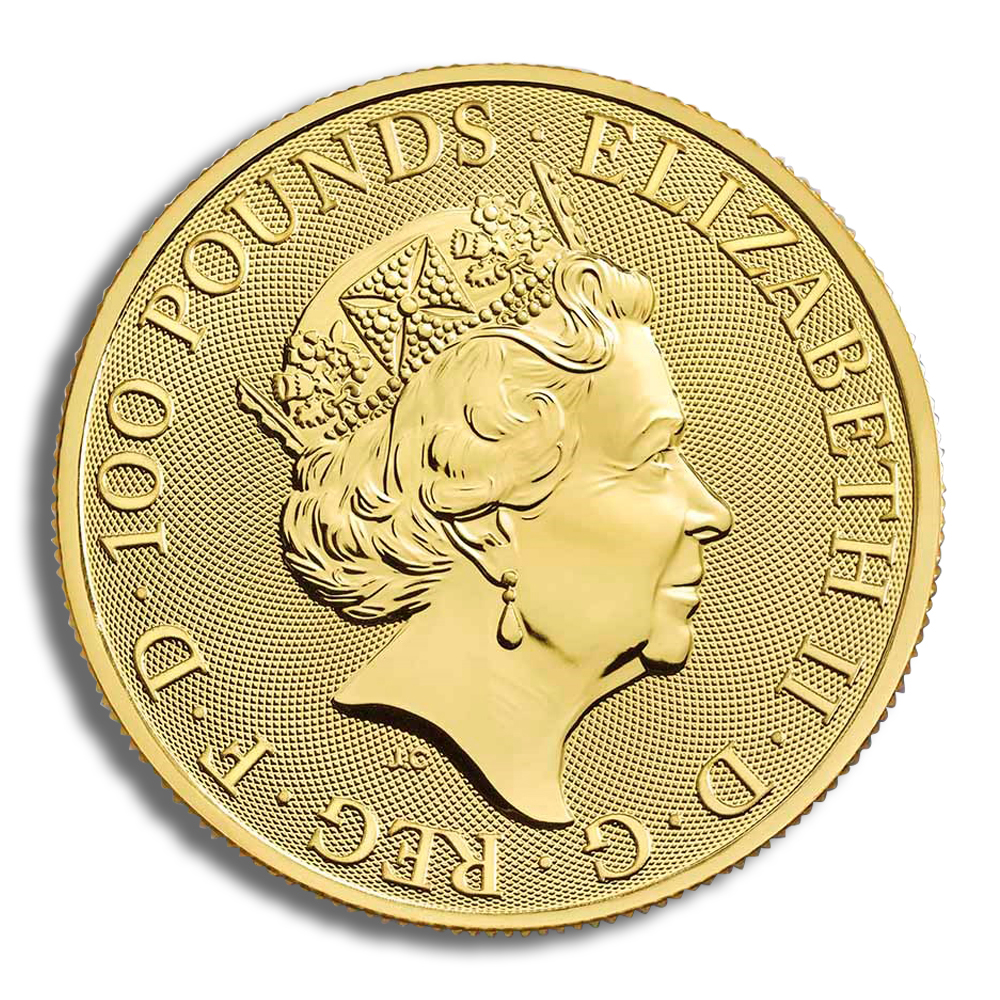 Gold coin featuring the profile of Queen Elizabeth II, inscribed with "100 POUNDS" and "ELIZABETH II," symbolizing British currency and heritage.