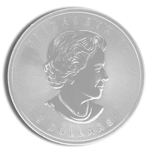 Silver coin featuring the profile of a queen, symbolizing currency and numismatic value, with intricate detailing and a polished finish.