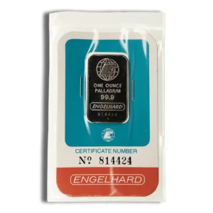 One ounce Engelhard palladium bar with a purity of 99.9%, featuring a certificate number 814424, displayed in protective packaging.