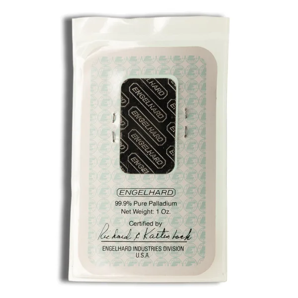 Engelhard 1 oz palladium bar, 99.9% pure, presented in protective packaging, certified by Engelhard Industries Division, featuring a detailed design and weight specifications.