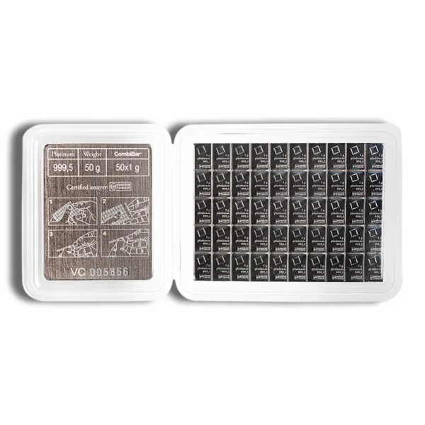 A collection of silver bars displayed on a white tray, featuring one larger bar with intricate designs on the left and a grid of smaller bars on the right, highlighting their shiny surfaces and detailed engravings.