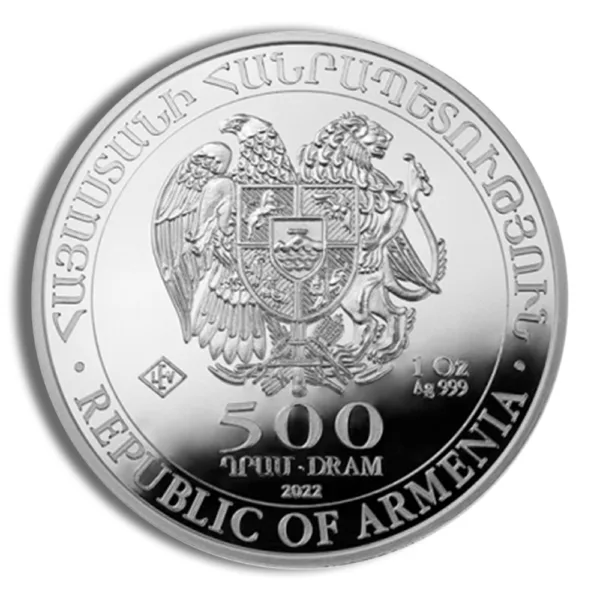 Silver 500 dram coin from Armenia featuring the national emblem and the year 2022, highlighting its value and origin.