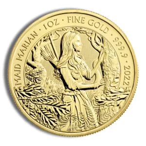 Gold coin featuring Maid Marian, weighing 1 ounce of fine gold (999.9), minted in 2022, showcasing intricate details of Maid Marian in a forest setting with arrows and foliage.