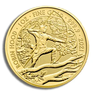 Gold coin featuring Robin Hood design, 1 oz fine gold, minted in 2021, showcasing the legendary figure aiming an arrow, surrounded by trees and intricate detailing.