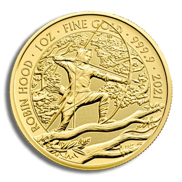 Gold coin featuring Robin Hood design, 1 oz fine gold, minted in 2021, showcasing the legendary figure aiming an arrow, surrounded by trees and intricate detailing.