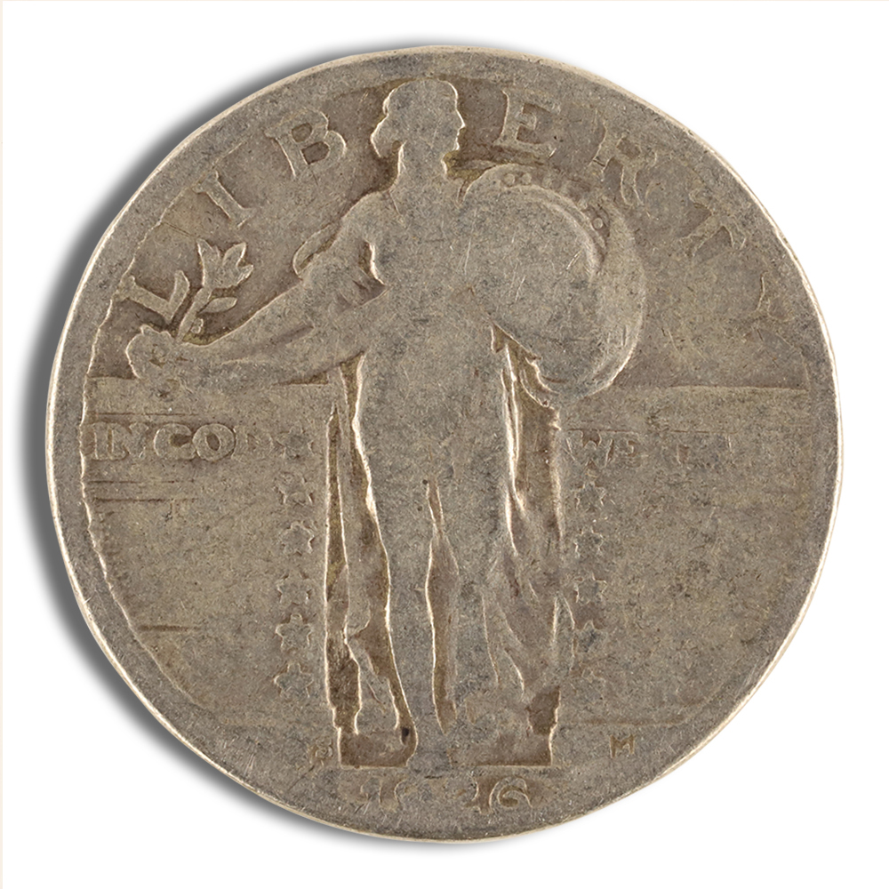 Obverse side of a vintage U.S. coin featuring the depiction of a standing figure representing Liberty, holding a shield and a branch, with the word "LIBERTY" inscribed at the top and the year "1926" at the bottom.