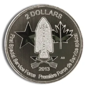 Commemorative coin featuring the First Special Service Force, with inscriptions "2 DOLLARS," "USA," "CANADA," and "2013," alongside stars and maple leaves, symbolizing Canadian-American military collaboration.