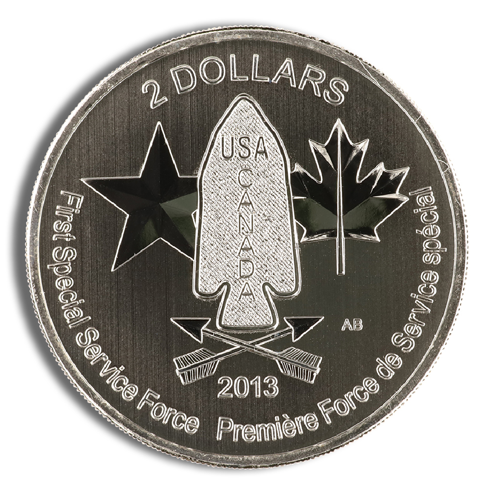 Two-dollar commemorative coin featuring the emblem of the First Special Service Force, with the year 2013, and symbols representing the USA and Canada, including stars and maple leaves.