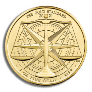 Gold coin featuring a compass design with the inscription "The Gold Standard 2021," weighing 1 oz of fine gold with a purity of 999.9.