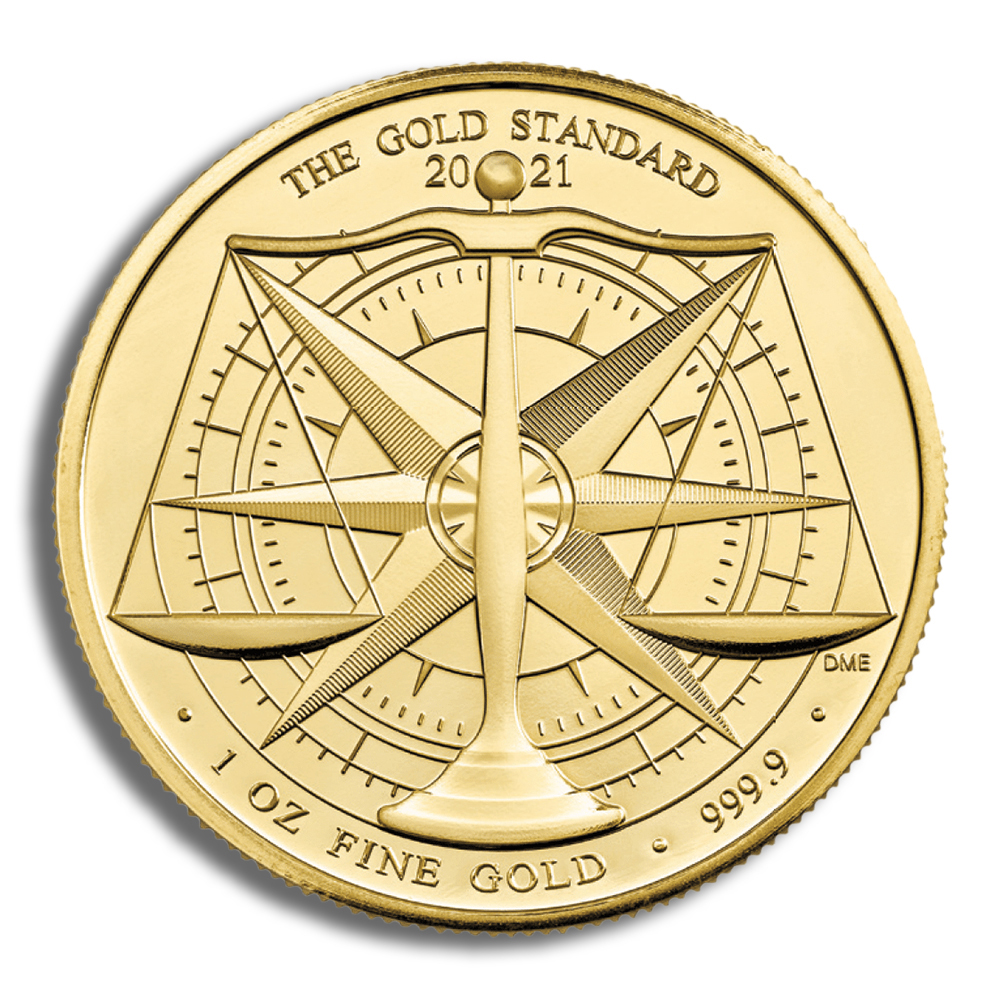 Gold coin featuring a compass design with the inscription "The Gold Standard 2021," weighing 1 oz of fine gold with a purity of 999.9.