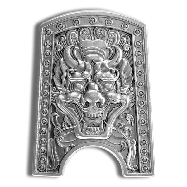 Decorative silver wall plaque featuring an intricate dragon design, showcasing detailed carvings and a traditional Asian aesthetic. Ideal for home decor or cultural art collections.