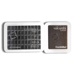 Valcambi CombiBar gold bar in a secure packaging, featuring a grid design for easy division into smaller pieces. Ideal for investment and collectors.
