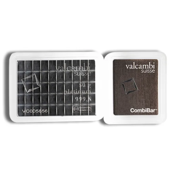 Valcambi CombiBar gold bar in a secure packaging, featuring a grid design for easy division into smaller pieces. Ideal for investment and collectors.