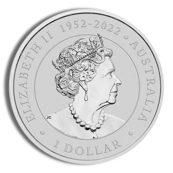 Silver commemorative coin featuring a profile of Queen Elizabeth II, inscribed with "Elizabeth II 1952-2022 Australia 1 Dollar."