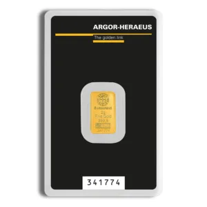 Gold bullion bar from Argor-Heraeus, featuring a sleek design and certification number 341774, displayed in protective packaging. Ideal for investment and collectors.
