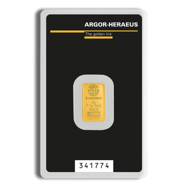 Gold bullion bar from Argor-Heraeus, featuring a sleek design and certification number 341774, displayed in protective packaging. Ideal for investment and collectors.