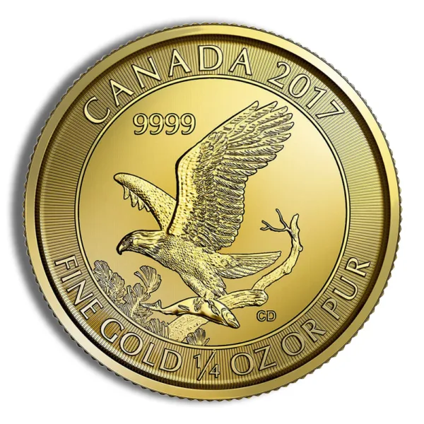 Gold coin from Canada, minted in 2017, featuring an eagle design. The coin is composed of 99.99% pure gold and weighs 1/4 ounce, with inscriptions indicating its purity and weight.