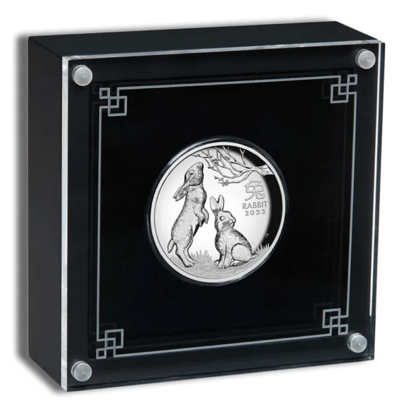 Silver coin featuring two rabbits, displayed in a decorative black box with intricate designs, ideal for collectors and gift-giving.