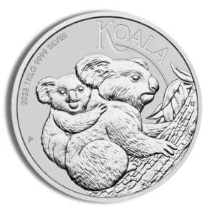 Silver coin featuring a koala and its joey, designed for collectors and celebrating Australian wildlife, minted in 2023.