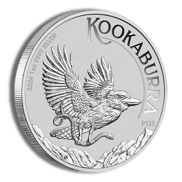 Silver Kookaburra coin featuring a detailed image of a flying kookaburra, symbolizing Australia's wildlife and natural beauty. Ideal for collectors and investors in precious metals.