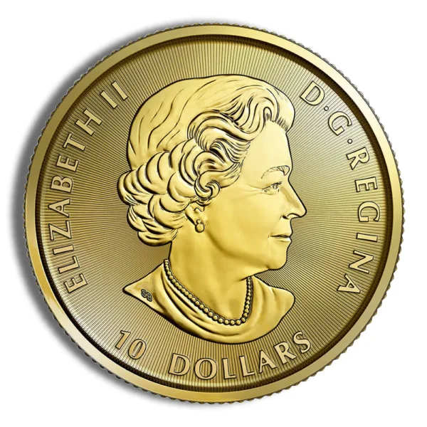 Gold Canadian coin featuring a portrait of Queen Elizabeth II, inscribed with "Elizabeth II D.G. Regina" and the denomination "10 Dollars."