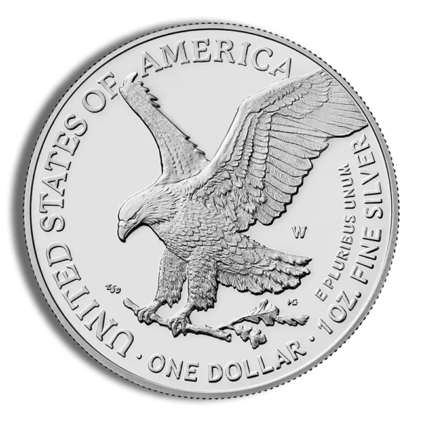 Silver American Eagle coin featuring a soaring eagle, with inscriptions including "United States of America," "One Dollar," and "1 oz Fine Silver."
